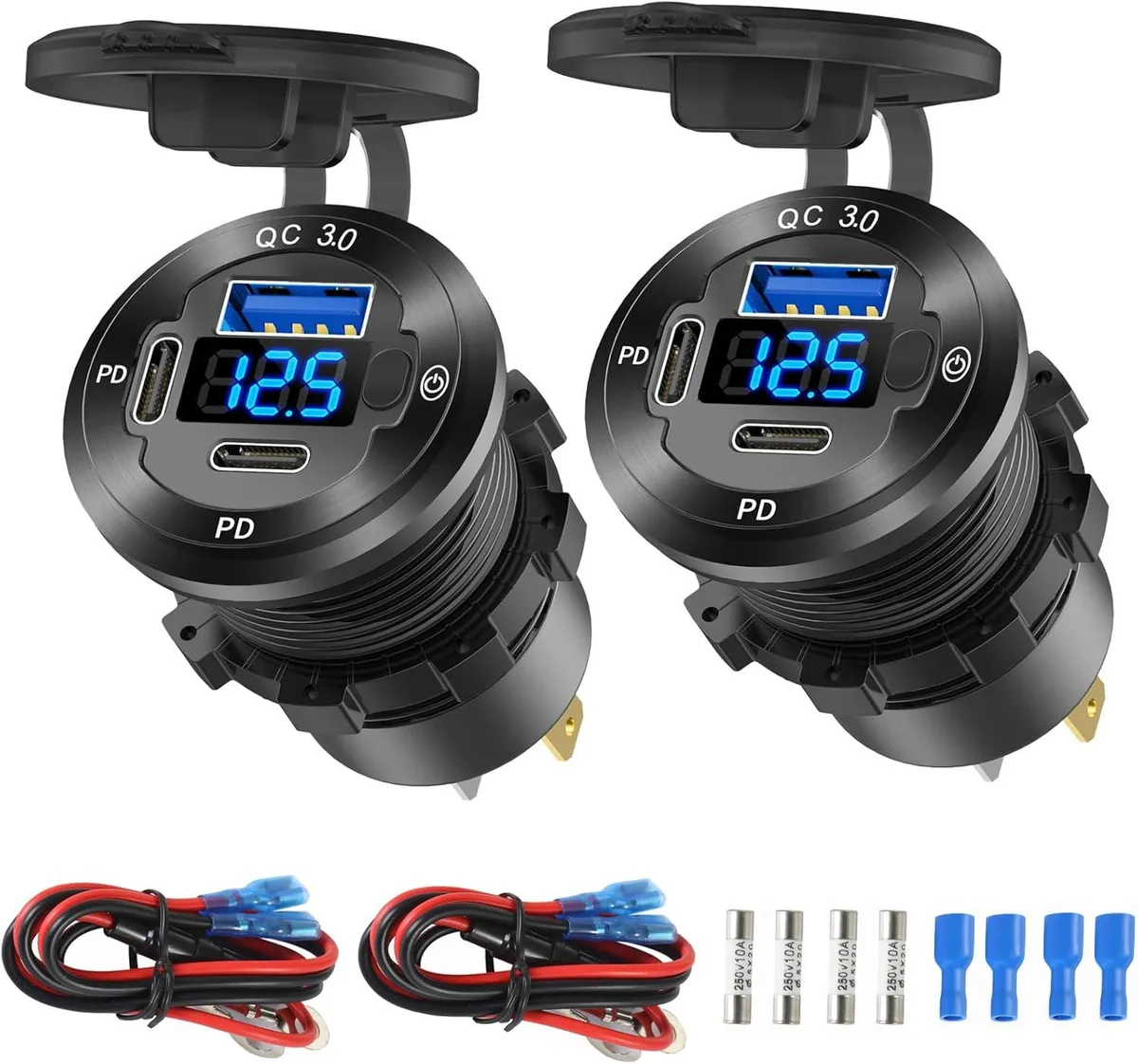 Cheezee Cheezee 2-Pack 12V 3-Port 78W PD 30W QC 3.0 Aluminum Charger with Voltmeter & Switch — product photo