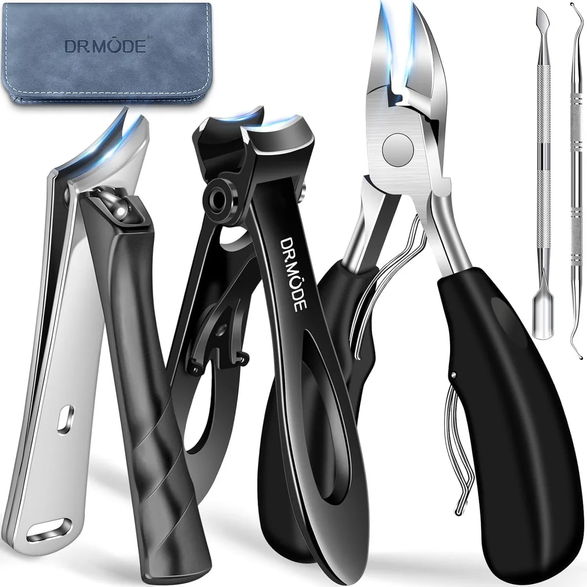 Five-piece stainless steel toenail clipper set in blue aluminium finish leather case