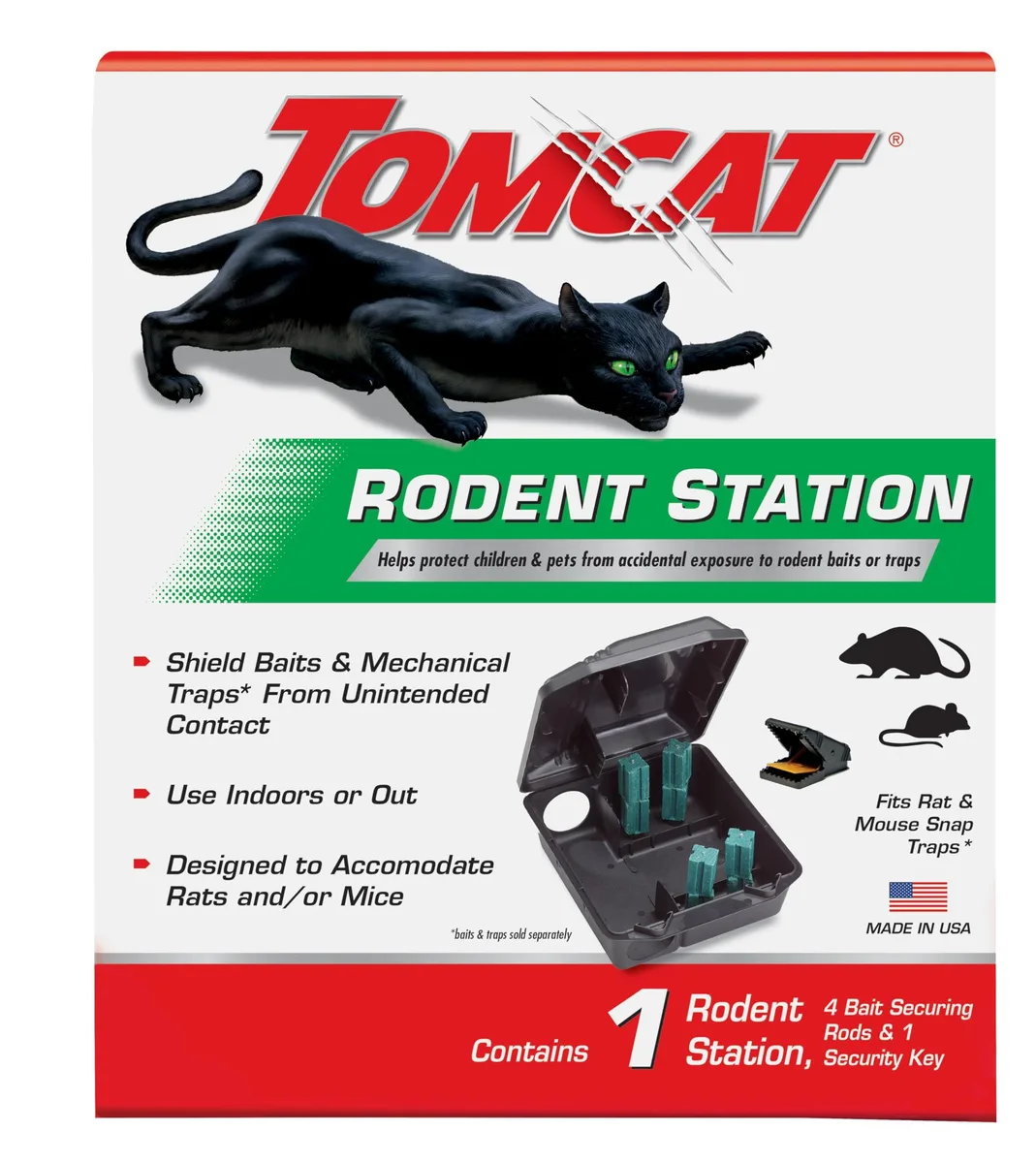 Black rigid plastic rodent bait station with four metal securing rods and a security key