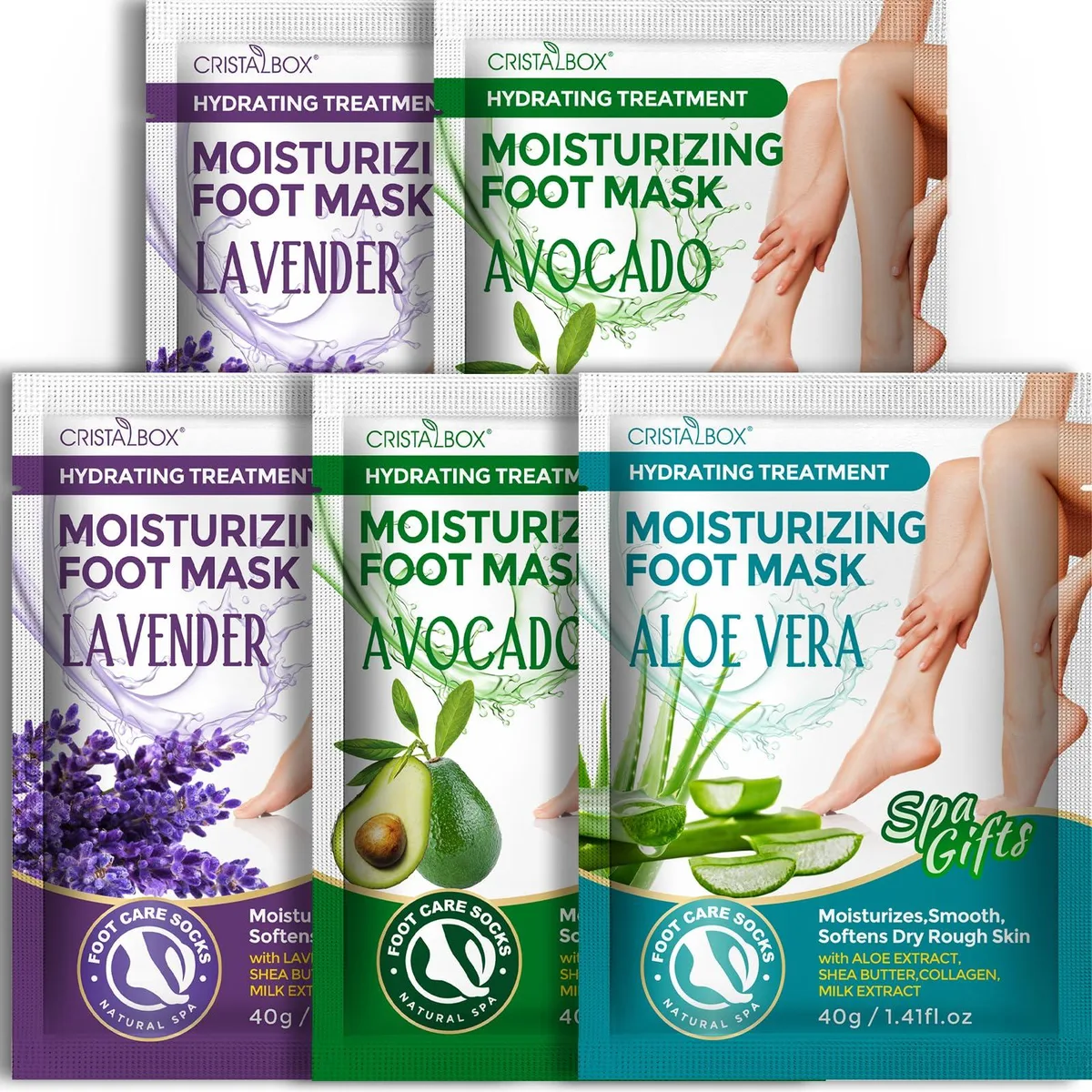 Five gel foot masks in size L, sock-shaped sachets with moisturizing lotion inside