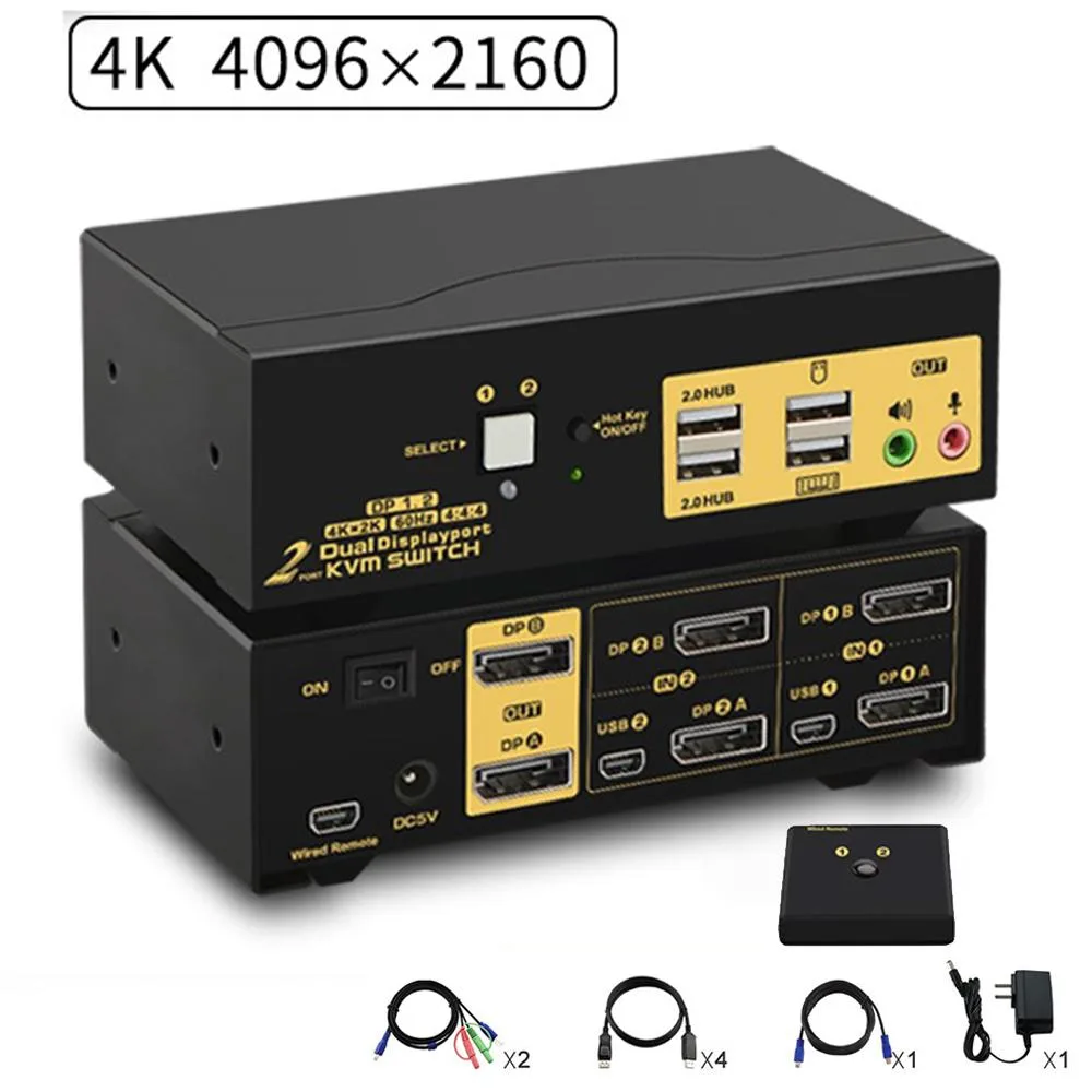 CKLau CKLau 2 Port Dual Monitor DisplayPort KVM Switch 4K 60Hz USB 2.0 Hub Audio Cables — product photo
