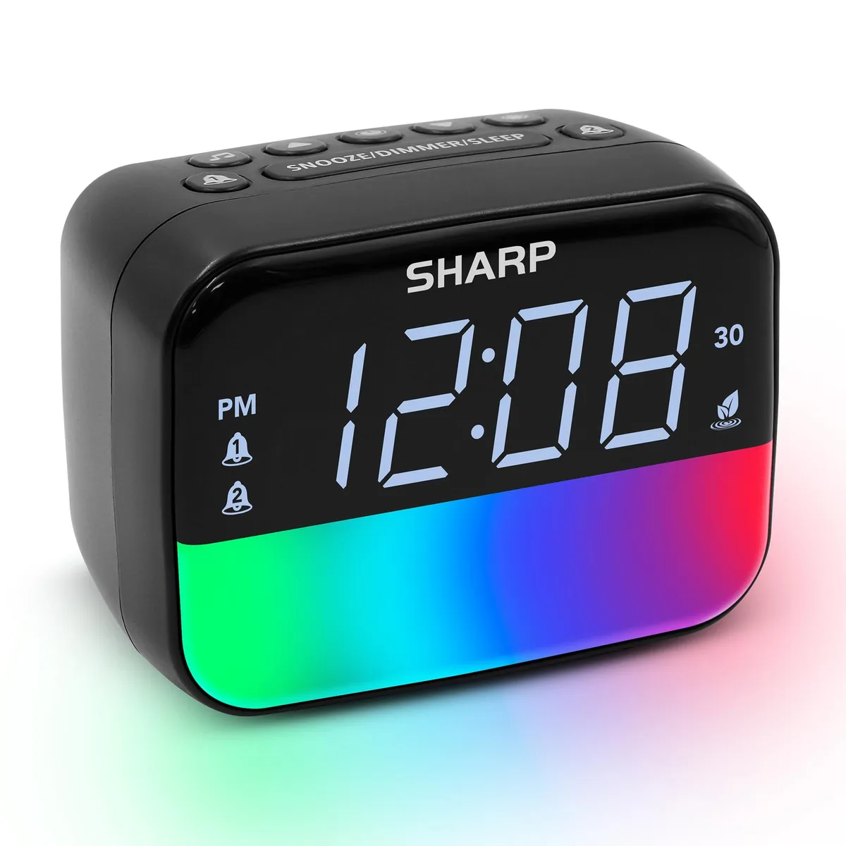 Compact black digital clock with LED display and RGB night light