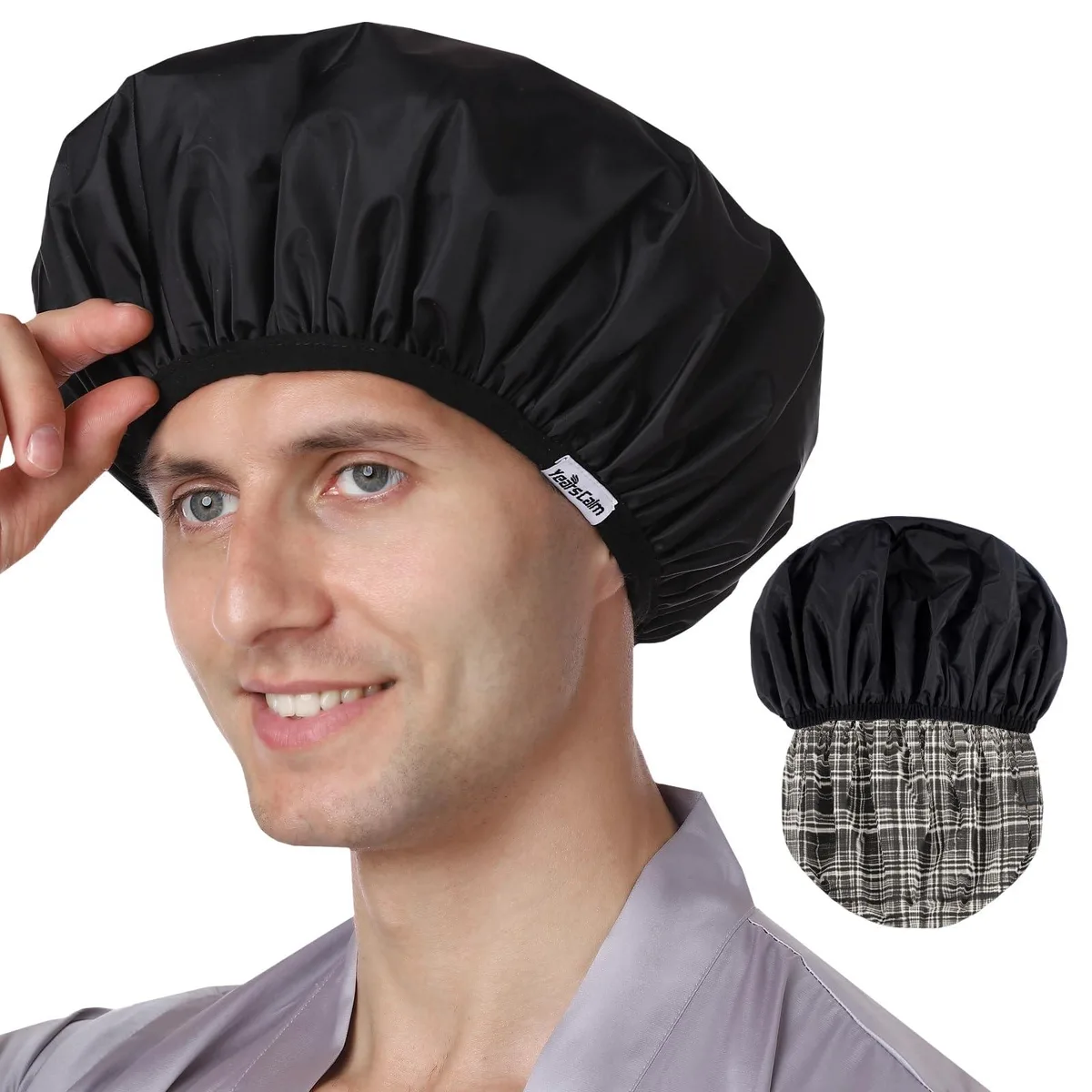 Black plaid men's shower cap, 18.1 inches, cotton finish, adjustable elastic band