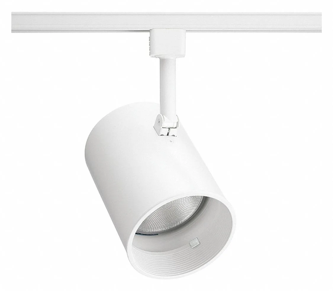 White cylindrical track lighting head with black baffle, flat back mount, steel construction