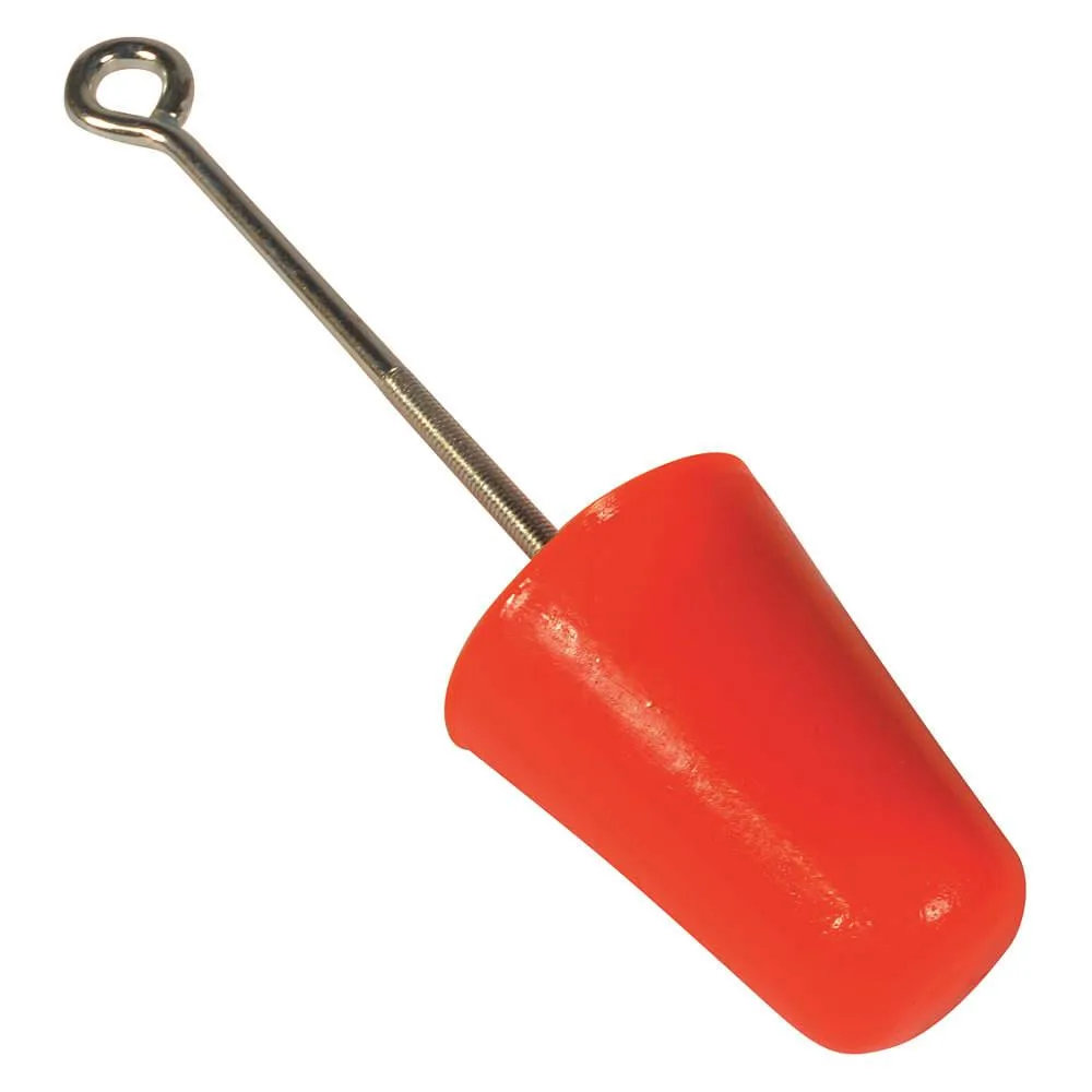 Orange polyurethane drain plug with removable metal eyebolt handle, tapered conical shape, 3 inch fit