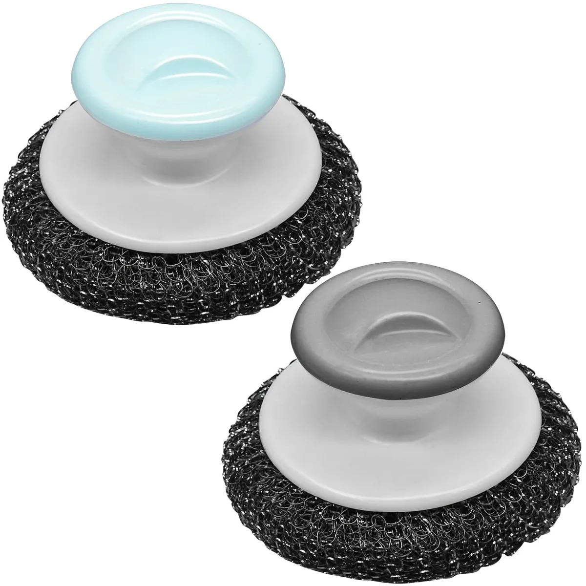 Two stainless steel wool scrubbers with gray plastic handles, rectangular mesh heads, compact size