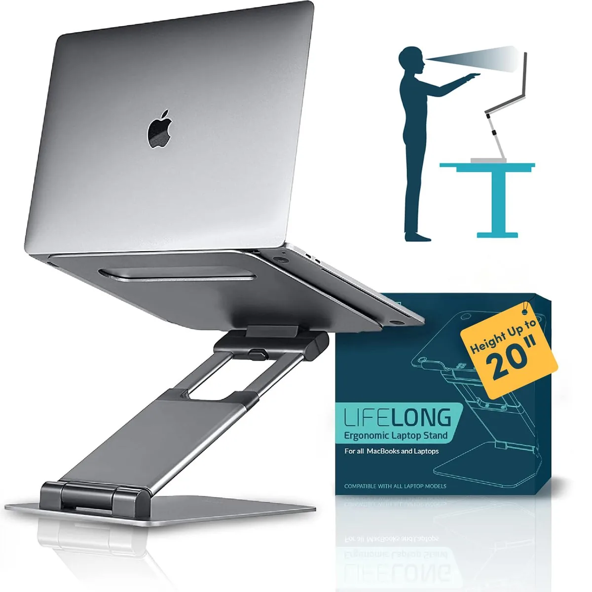 Grey aluminium laptop stand with tall adjustable riser and folding arms