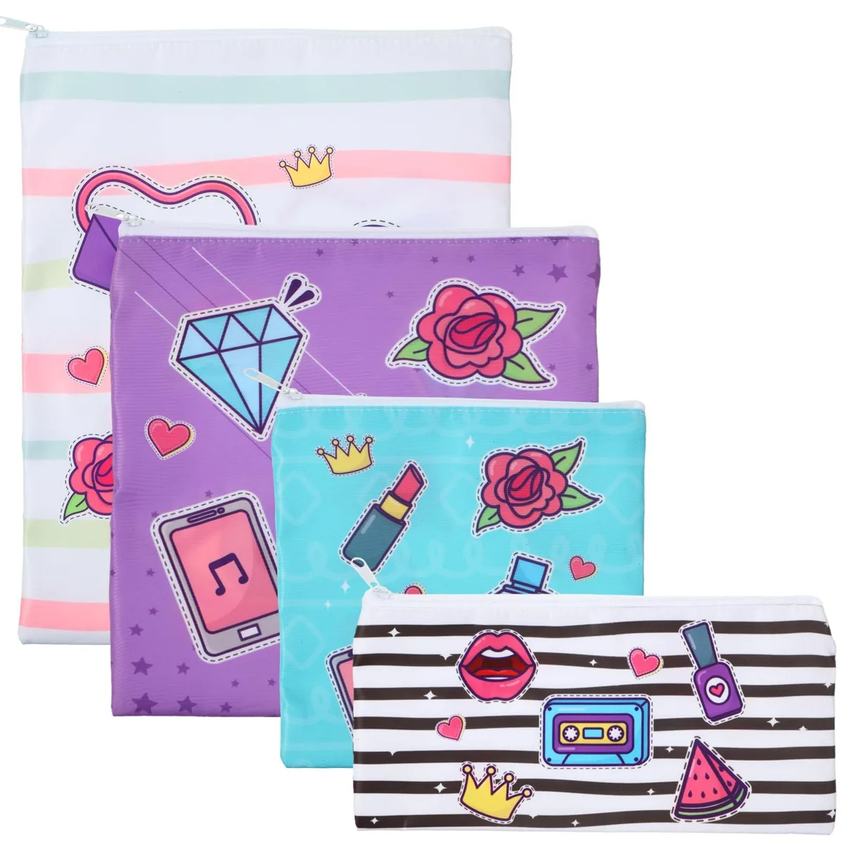 Four reusable zipper snack bags in black unicorn print, rectangular, lightweight polyester