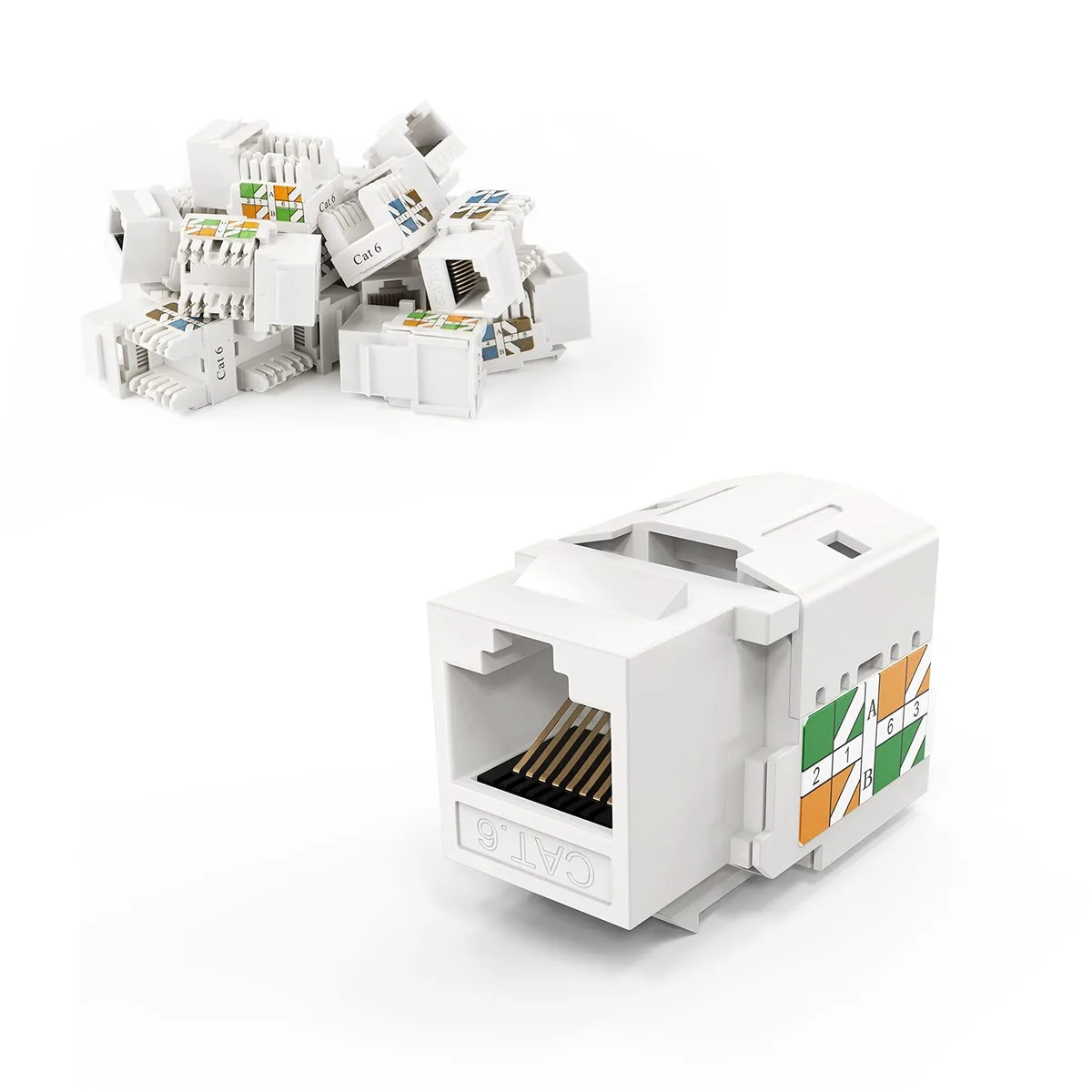 Twenty white Cat6 keystone jacks with gold contacts and colour-coded blocks