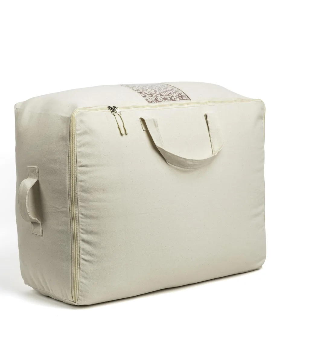 Beige canvas storage bag with clear window and four handles