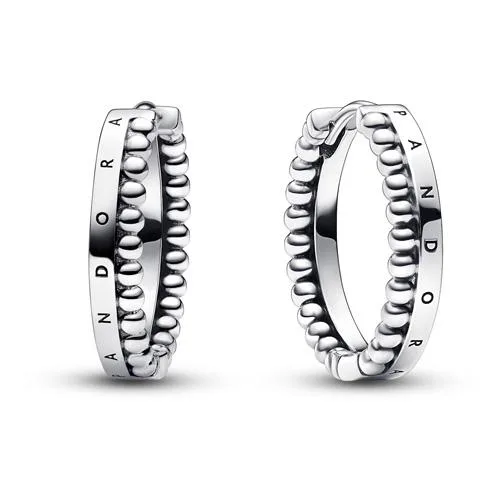 Pair of sterling silver hoop earrings, one squared with logo, one beaded, reversible design