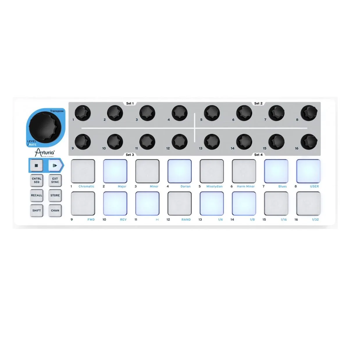 Compact silver MIDI controller with 16 black pads and 16 knobs