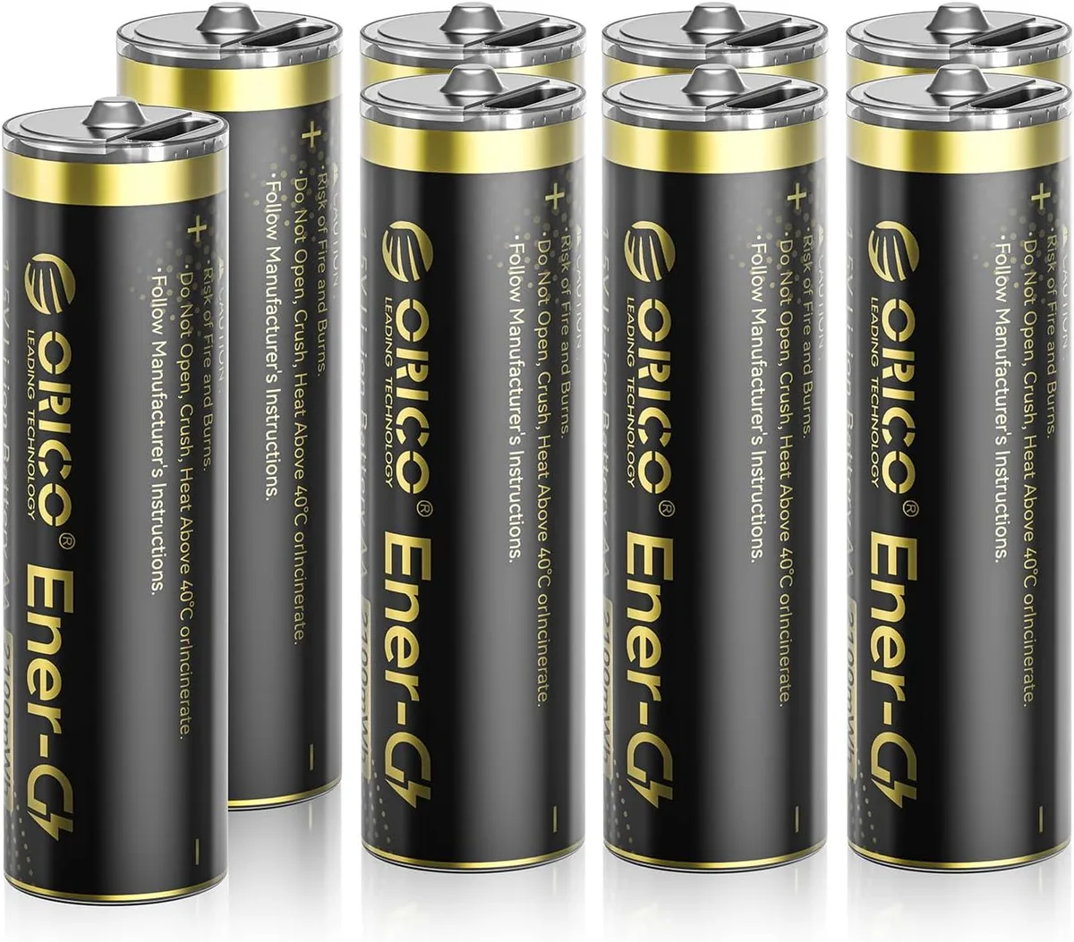 Eight AA lithium-ion batteries with USB-C ports on a light background
