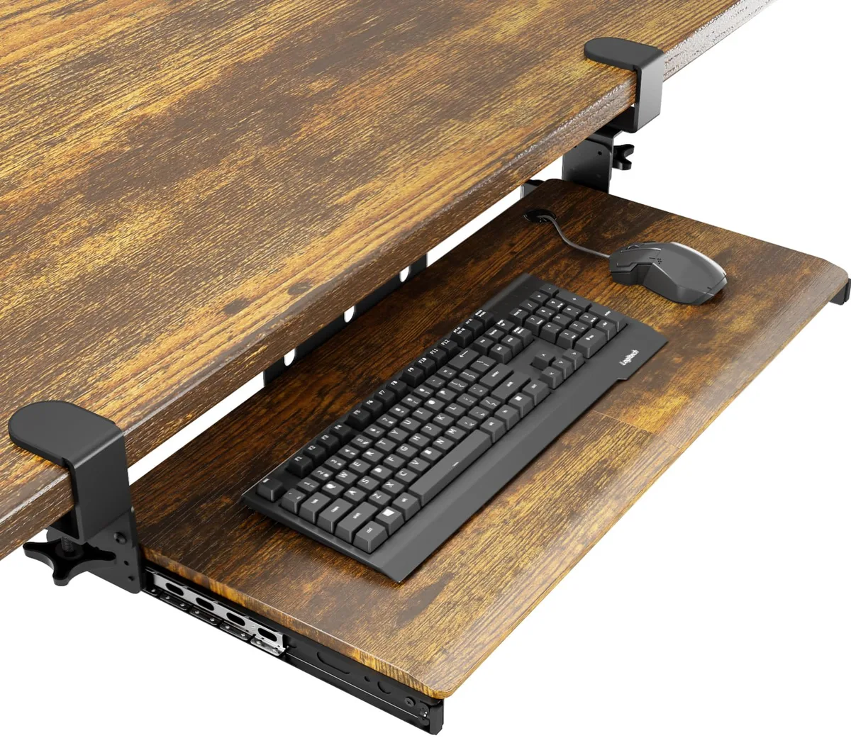 Black under-desk keyboard tray with C-clamp mount, slide-out platform, 32.5 inches wide