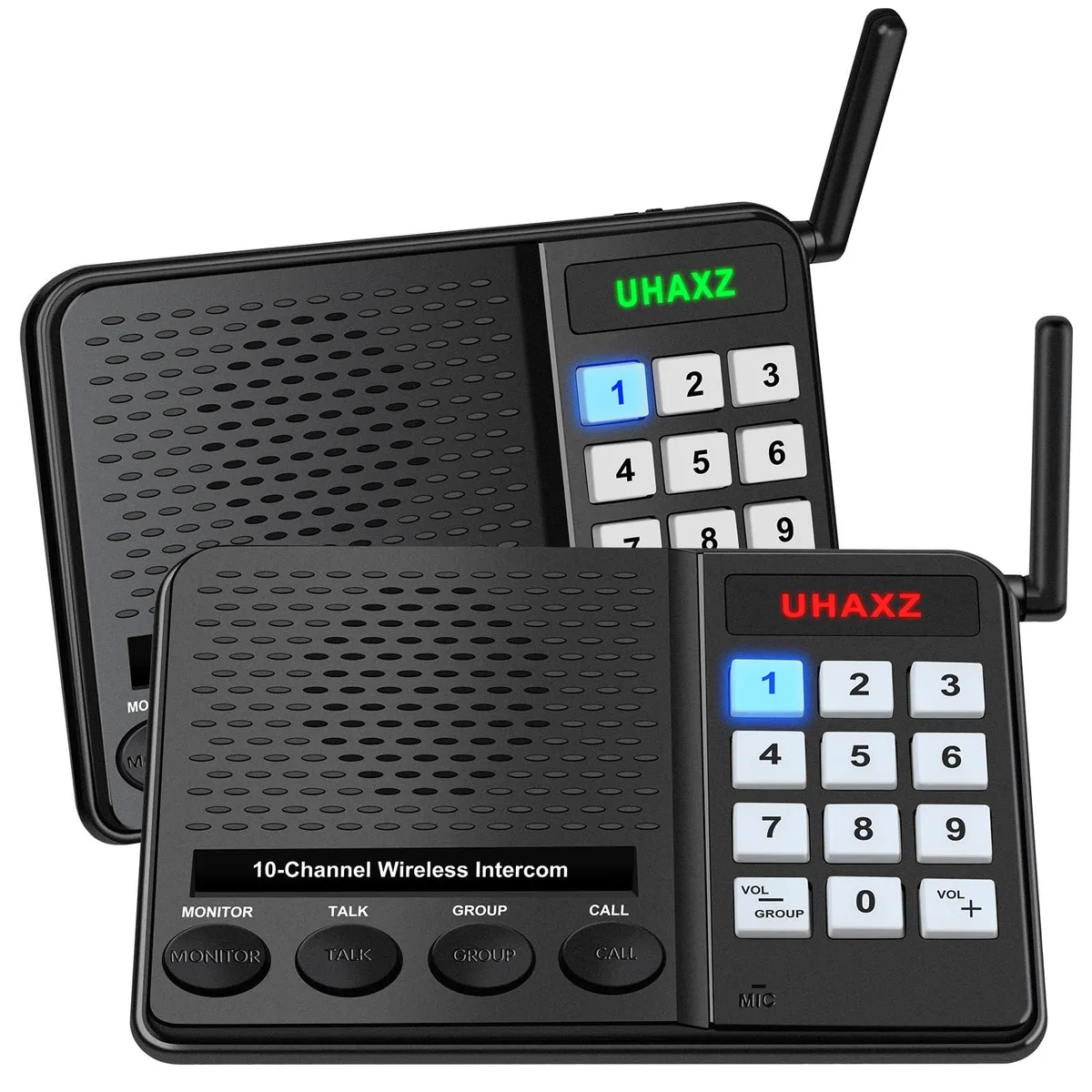 Two black wireless intercom units with push buttons and speaker grilles, plug-in power cords visible
