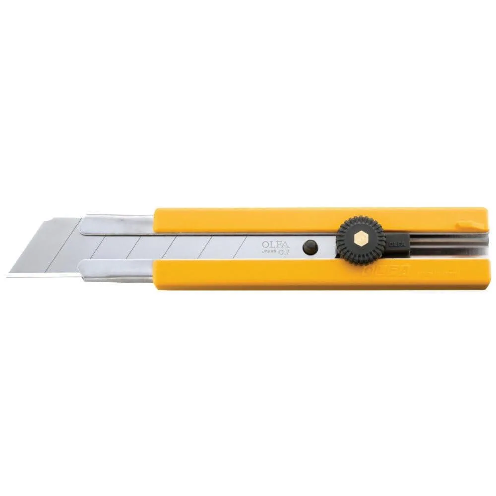 Yellow utility knife with black rubber grip and silver blade slider