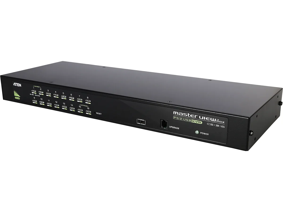 Silver 1U rack-mount KVM switch, 16 front port LEDs, rear cable connections visible