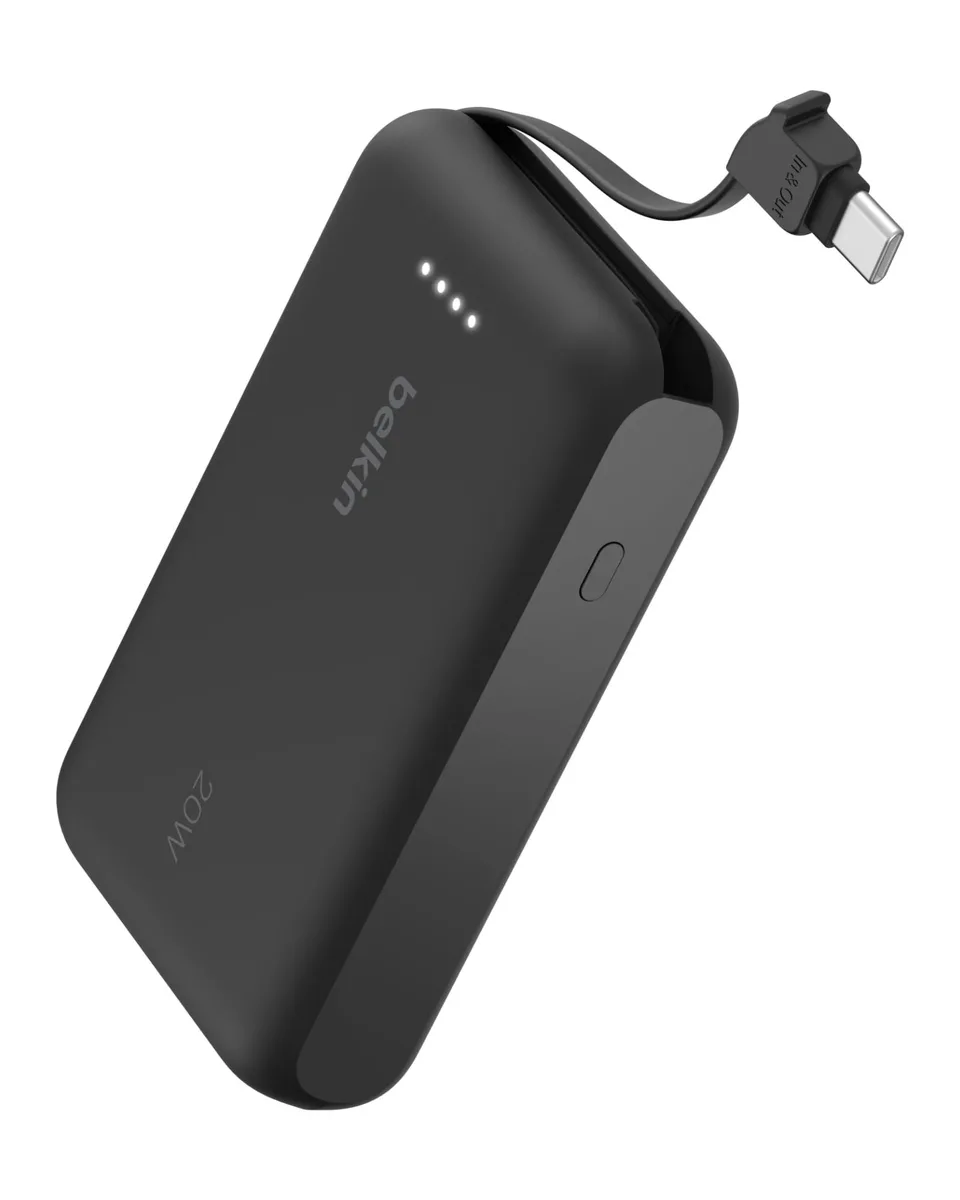 Belkin BPB021 10000 mAh power bank with integrated USB-C cable, 20 W, Black — product photo