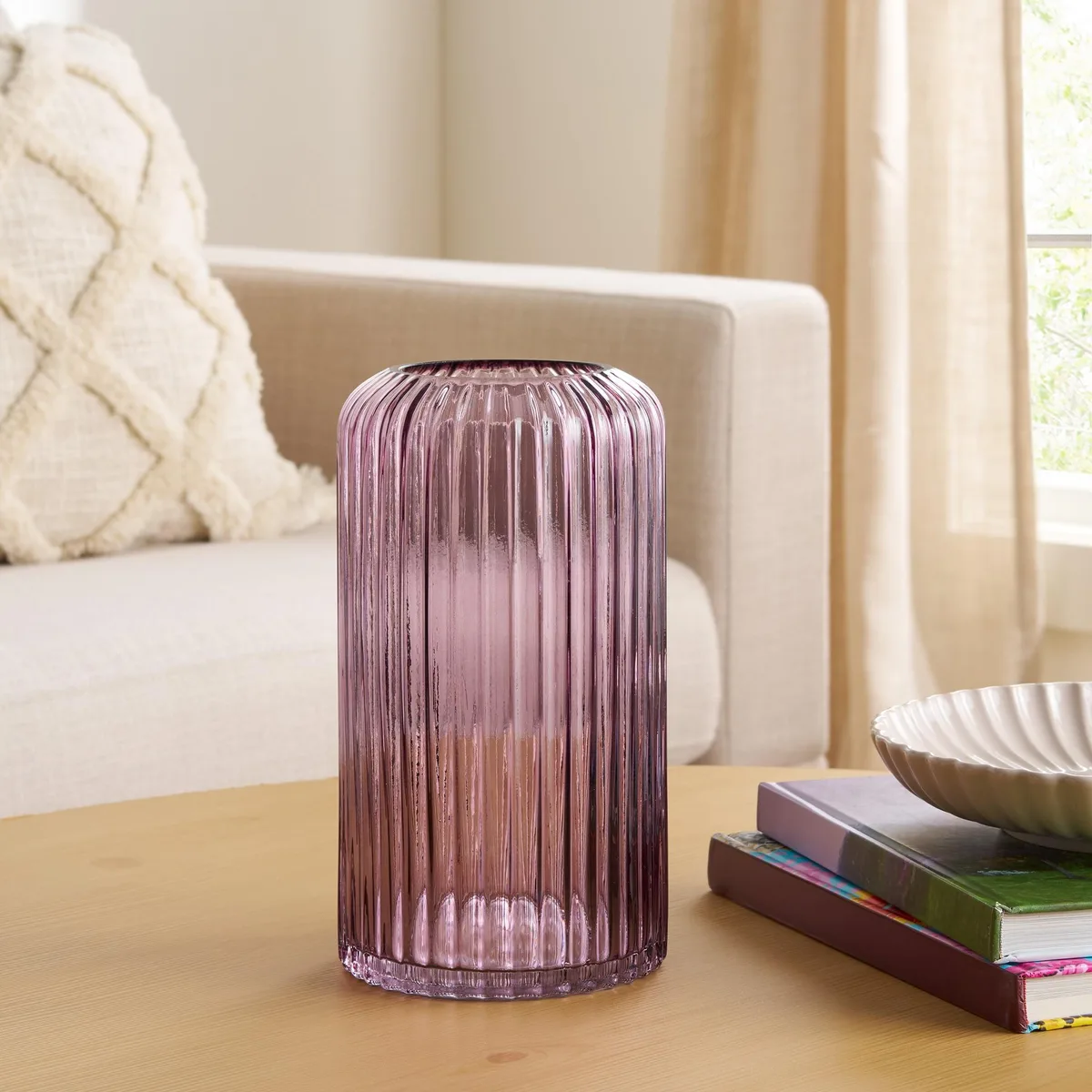 None Continuous None Continuous 9.8" Pink Ribbed Cylinder Glass Vase — product photo