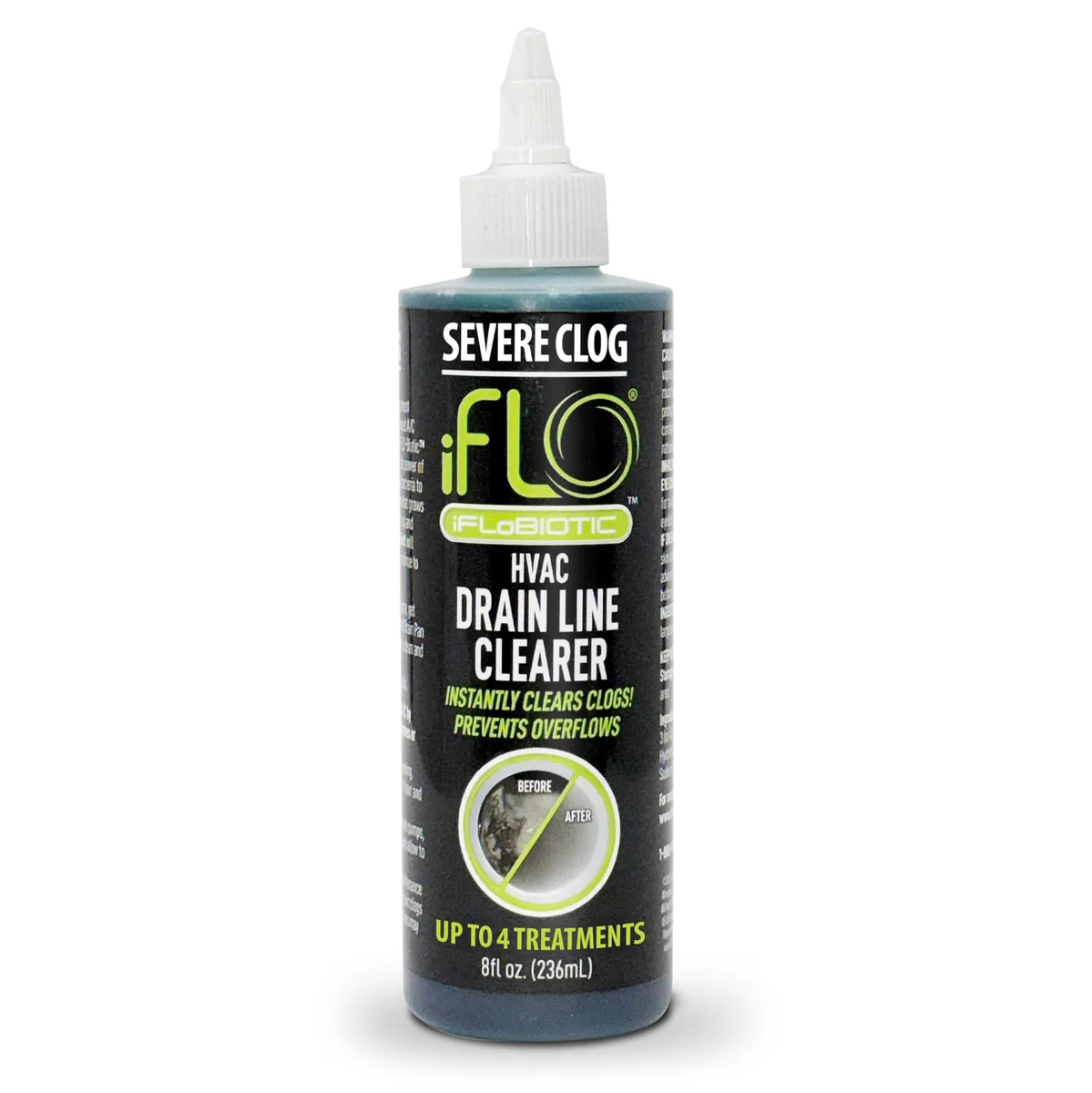 White 8oz bottle with label for severe clog relief drain cleaner