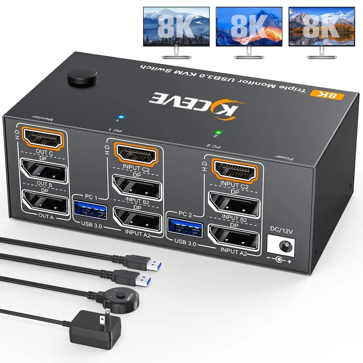 IHDAPP IHDAPP 8K@60Hz HDMI + 2 DisplayPort KVM Switch 3 Monitors 2 Computers 4K@144Hz — product photo