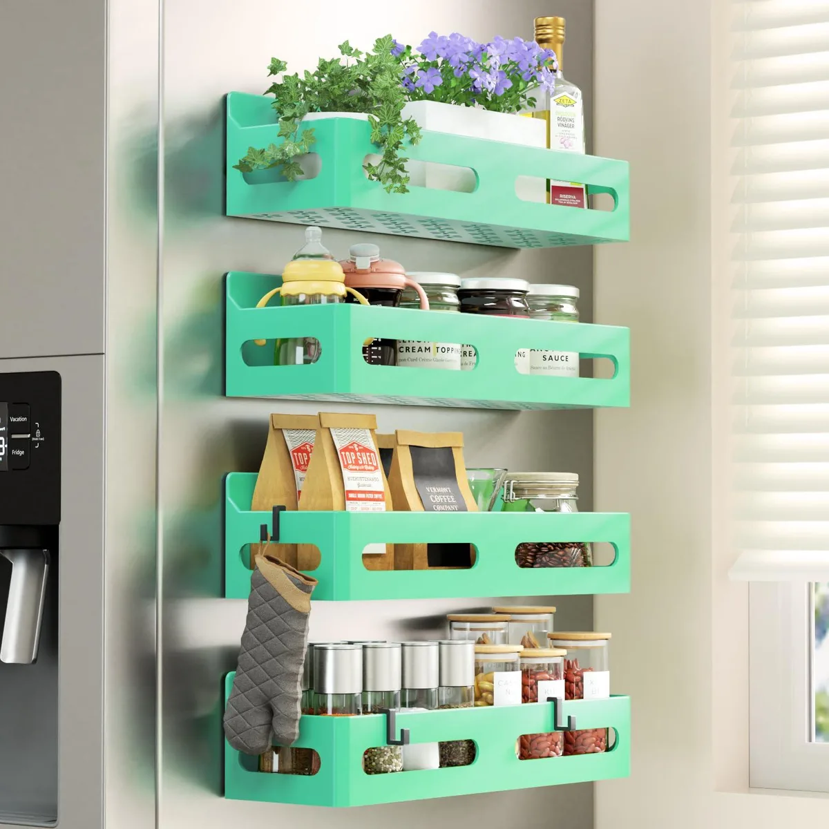 Four red magnetic spice racks two tier round plastic jars visible