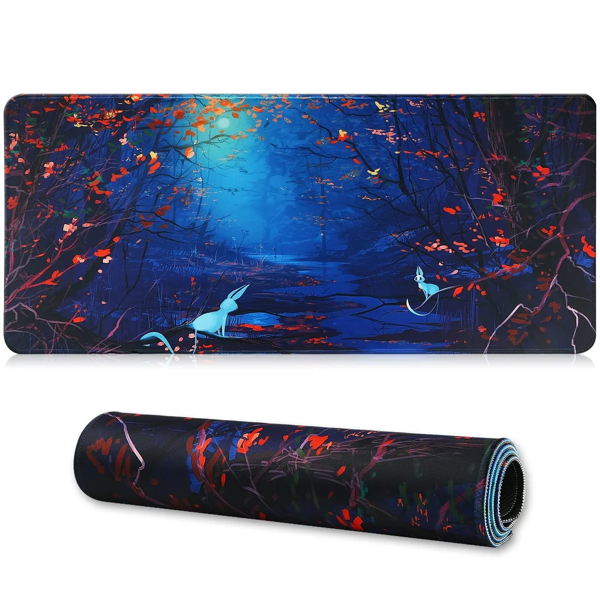 Large rectangular fabric mouse pad with stitched edges and rubber base, forest design, 70 by 30 centimetres