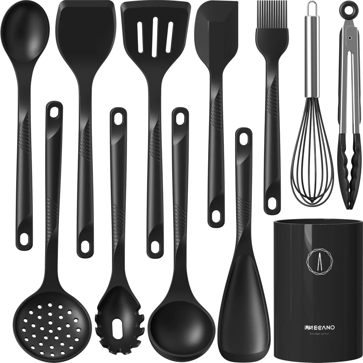 Black 12-piece silicone cooking utensil set with stainless steel cores
