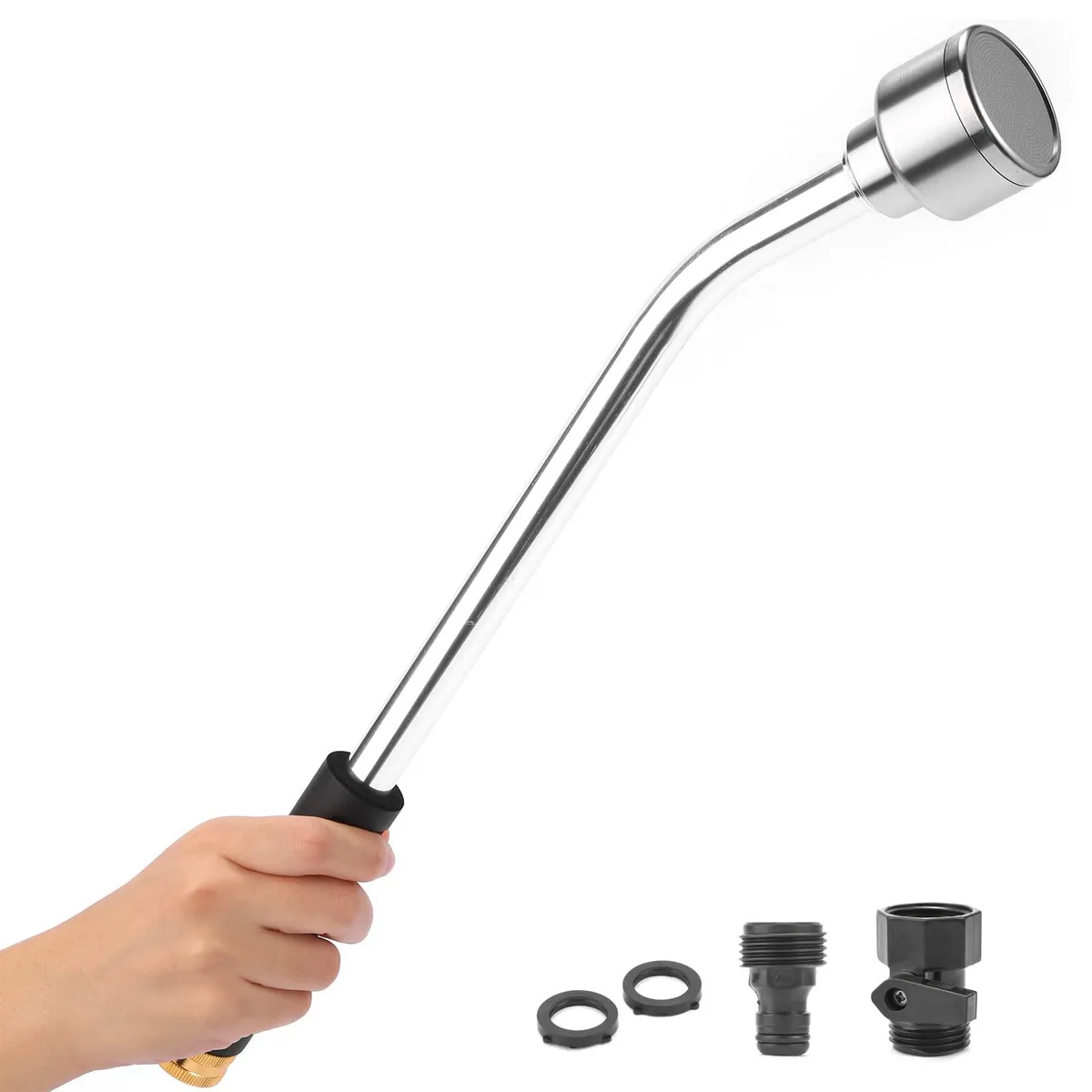 18-inch silver metal watering wand with shut-off valve and perforated nozzle head