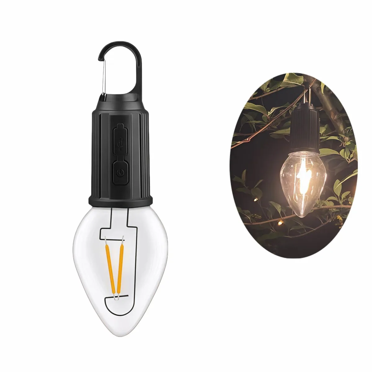 Compact black cylindrical lantern with top hook, 7.09 by 2.36 inches, 55 g