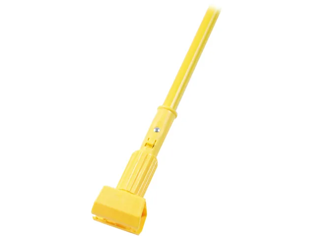 Yellow vinyl-coated aluminum mop handle, 60 inches long, plastic jaws at end