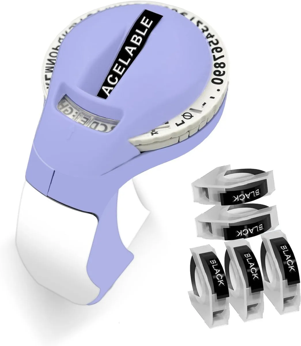 Purple handheld embossing label maker with five black tape rolls
