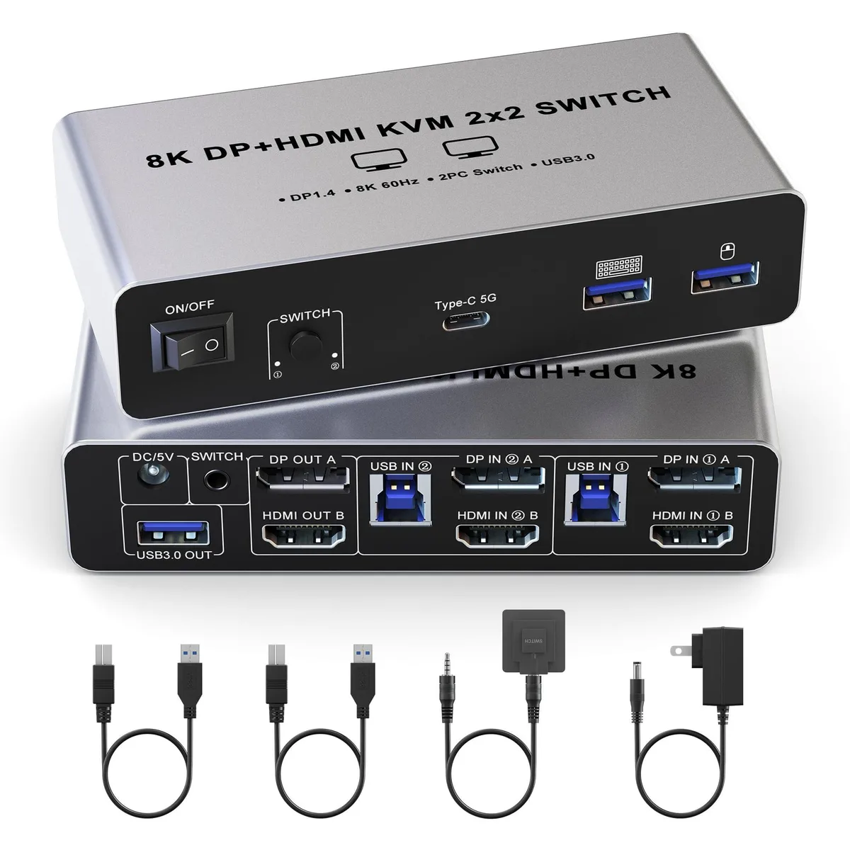 Vszerda Vszerda DKM202F-USB3.0-8K-F KVM Switch 8K@60Hz 2 Monitors 2 Computers Aluminum 4 USB 3.0 Ports — product photo