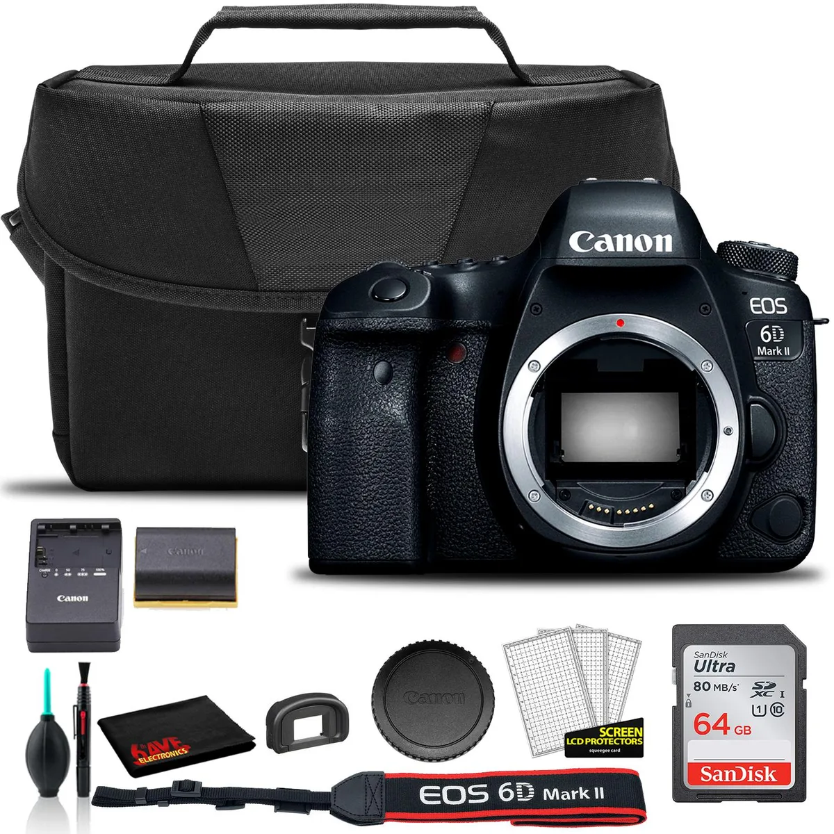 Canon Canon EOS 6D Mark II DSLR Camera (Body Only) with EOS Bag, Sandisk Ultra 64GB Card &amp; Cleaning Set — product photo