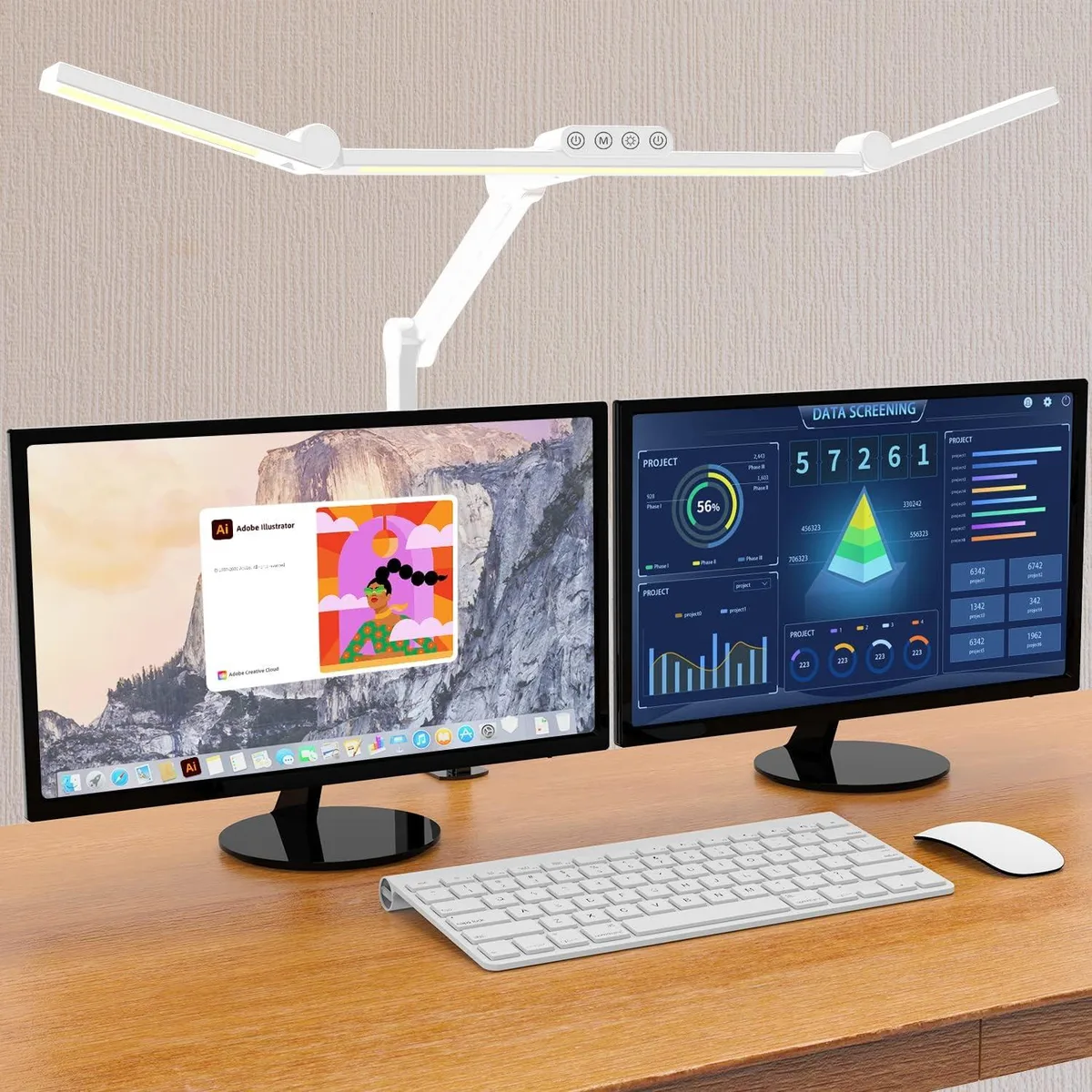 White architect desk lamp with clamp, three adjustable light bars and multiple jointed arms