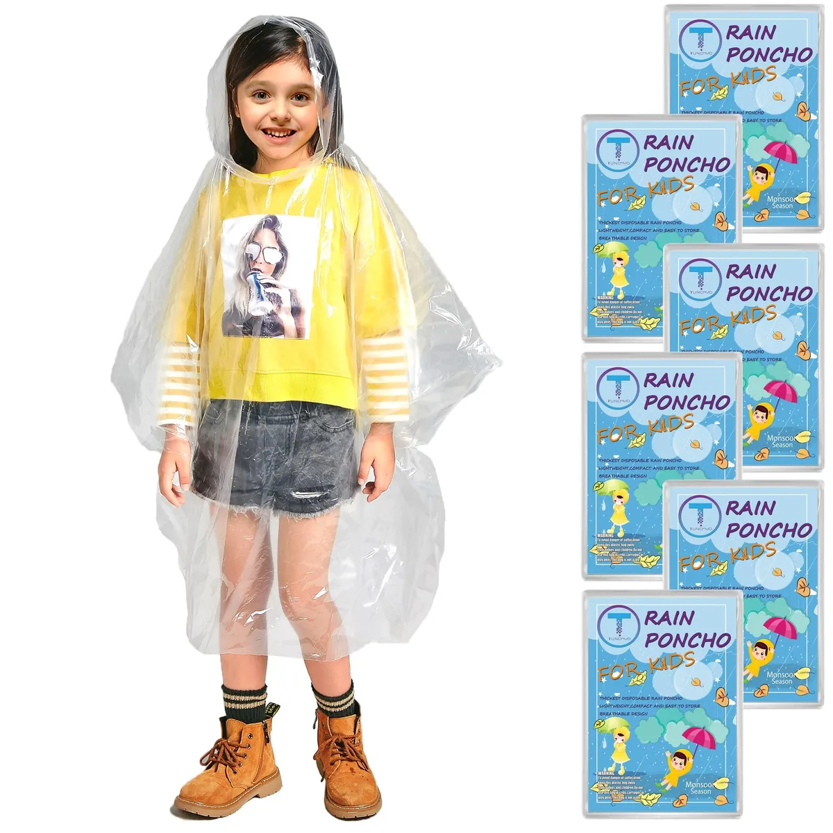 TUNCHMO Poncho Children's Outerwear 6 Pack Clear PE 0.035mm — product photo