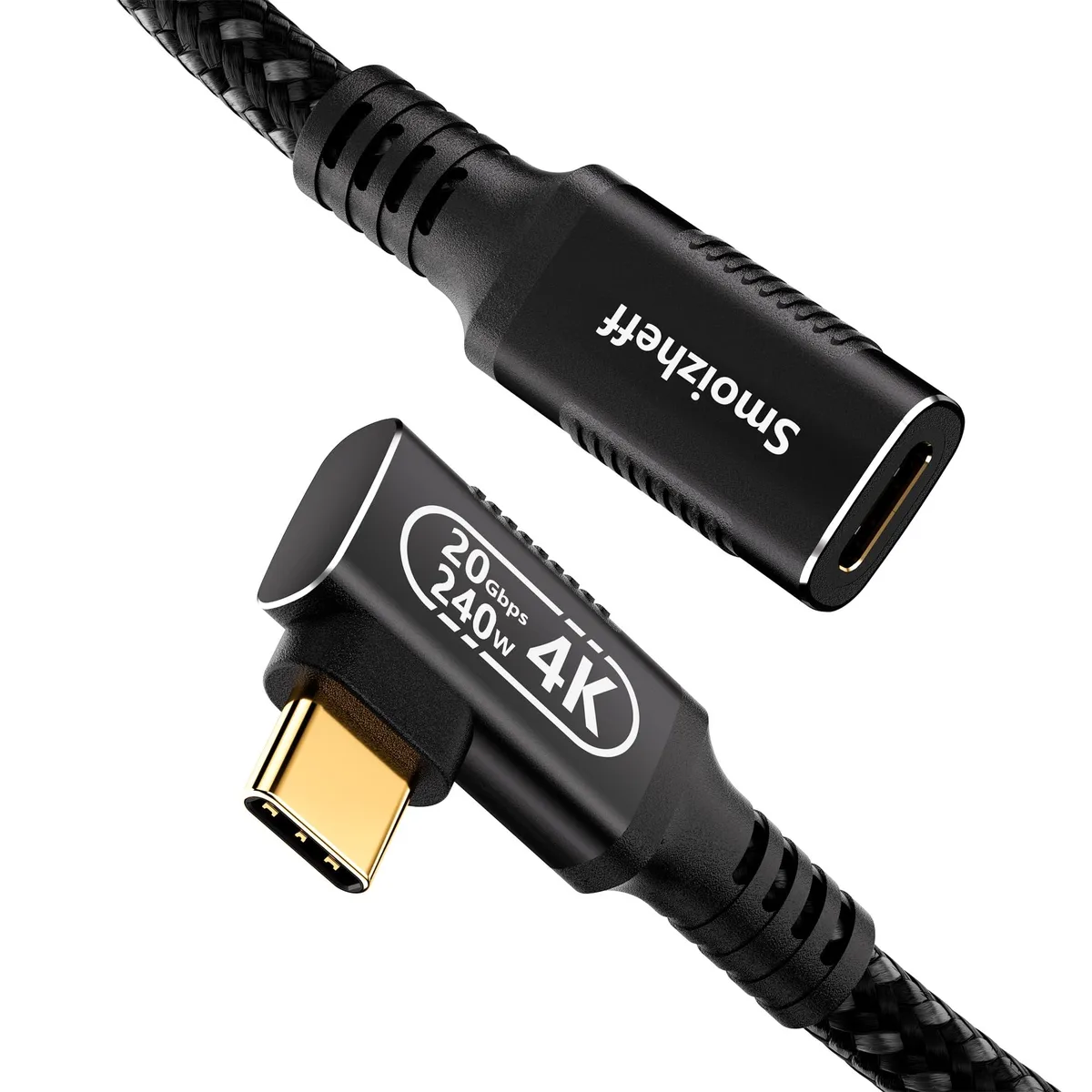 Black nylon-braided USB-C extension cable with 90-degree male-to-female connectors, 0.5 m long