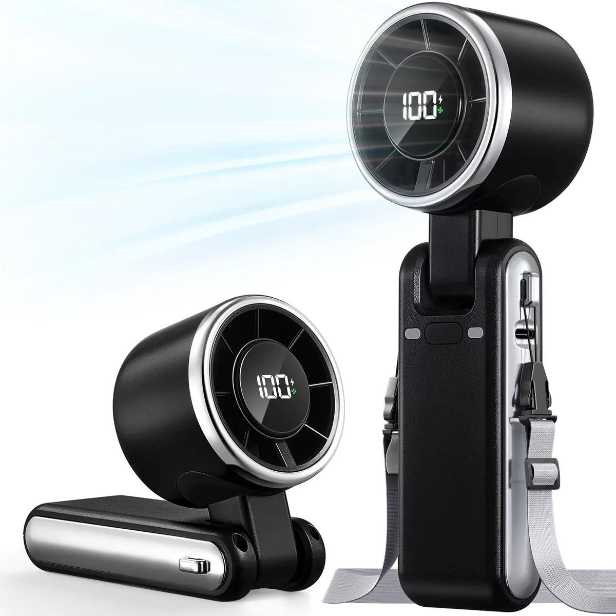 Black handheld fan with silver blades, foldable handle and lanyard attached