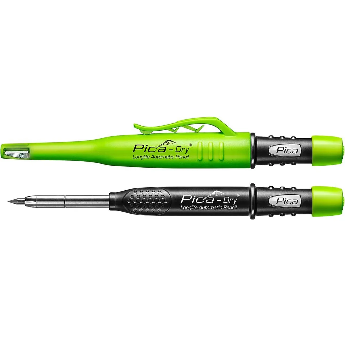 Green mechanical graphite pencil with pocket clip, gray and white finish