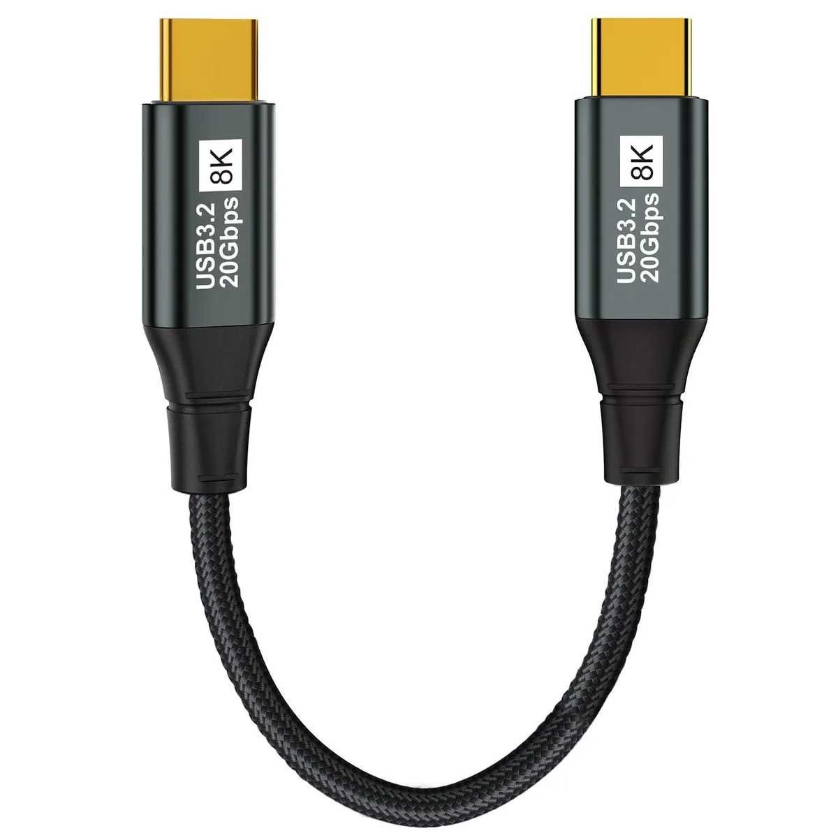 Short braided USB-C cable with male connectors on both ends