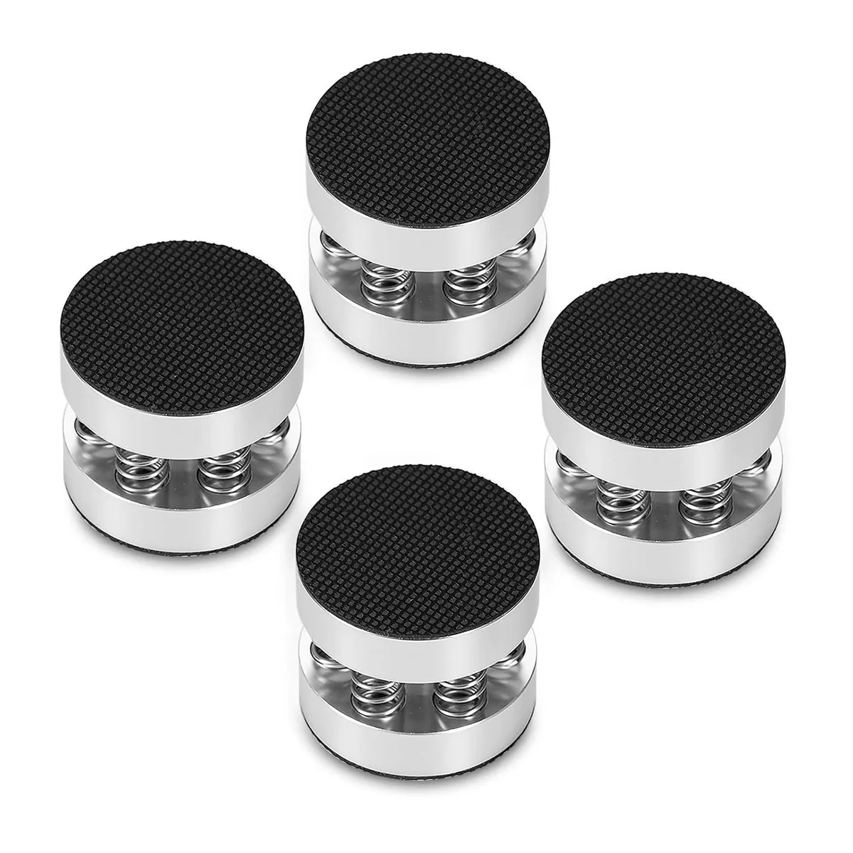 Four silver aluminium spring isolation feet on rubber bases