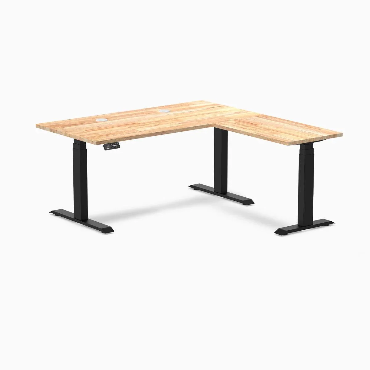 Desky Desky Rubberwood L-Shape Sit Stand Desk Natural Timber Matte Black 60 x 30 x 62 x 20 in with Grommets — product photo