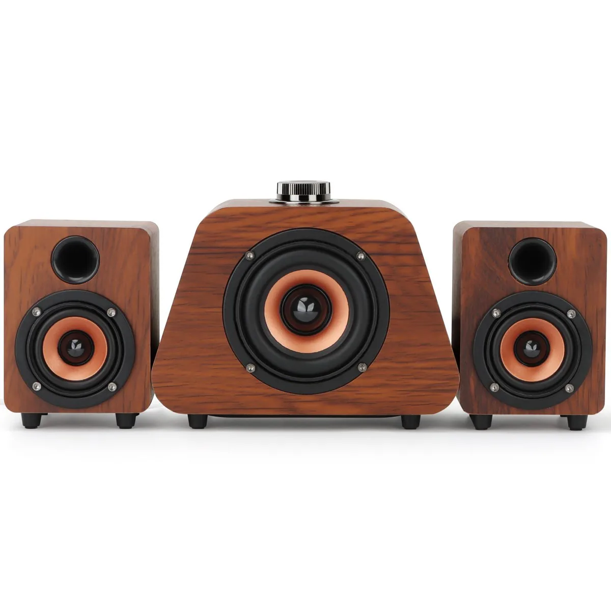 Compact brown wooden subwoofer cube with single control knob
