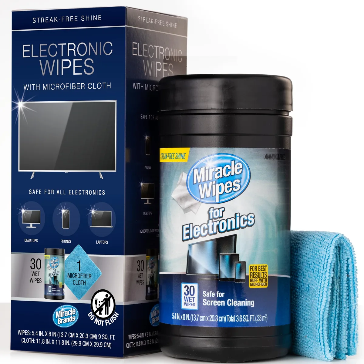 Rectangular canister with flip-top lid and microfiber cloth attached