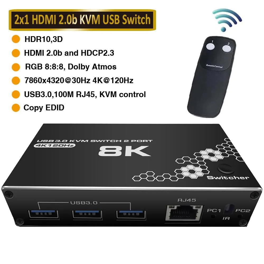 WRIARICH WRIARICH OZK1-New 2-port HDMI KVM switch 8K 120Hz 3×USB 3.0 RJ45 — product photo