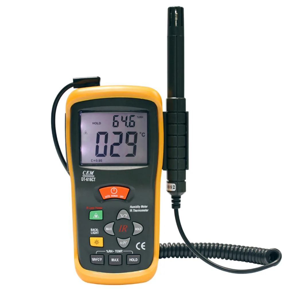 Red handheld humidity temperature meter with dual LCD display, 225mm x 45mm x 34mm