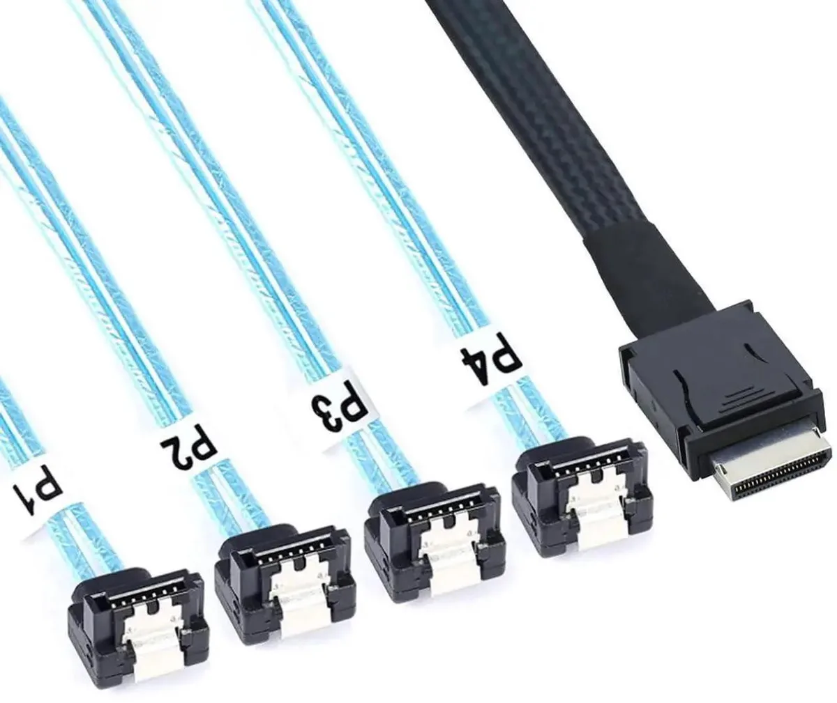 SMUGDESK SMUGDESK OCuLink SAS SFF8611 4i to SATA 7P 90 Degree Cable .5M 12Gbps 32AWG — product photo