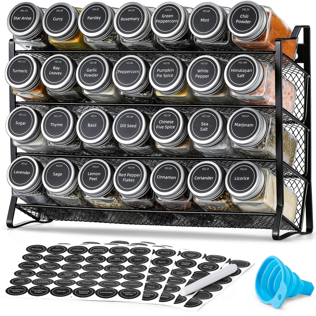 Red four-tier spice rack with 28 clear glass jars and silver lids