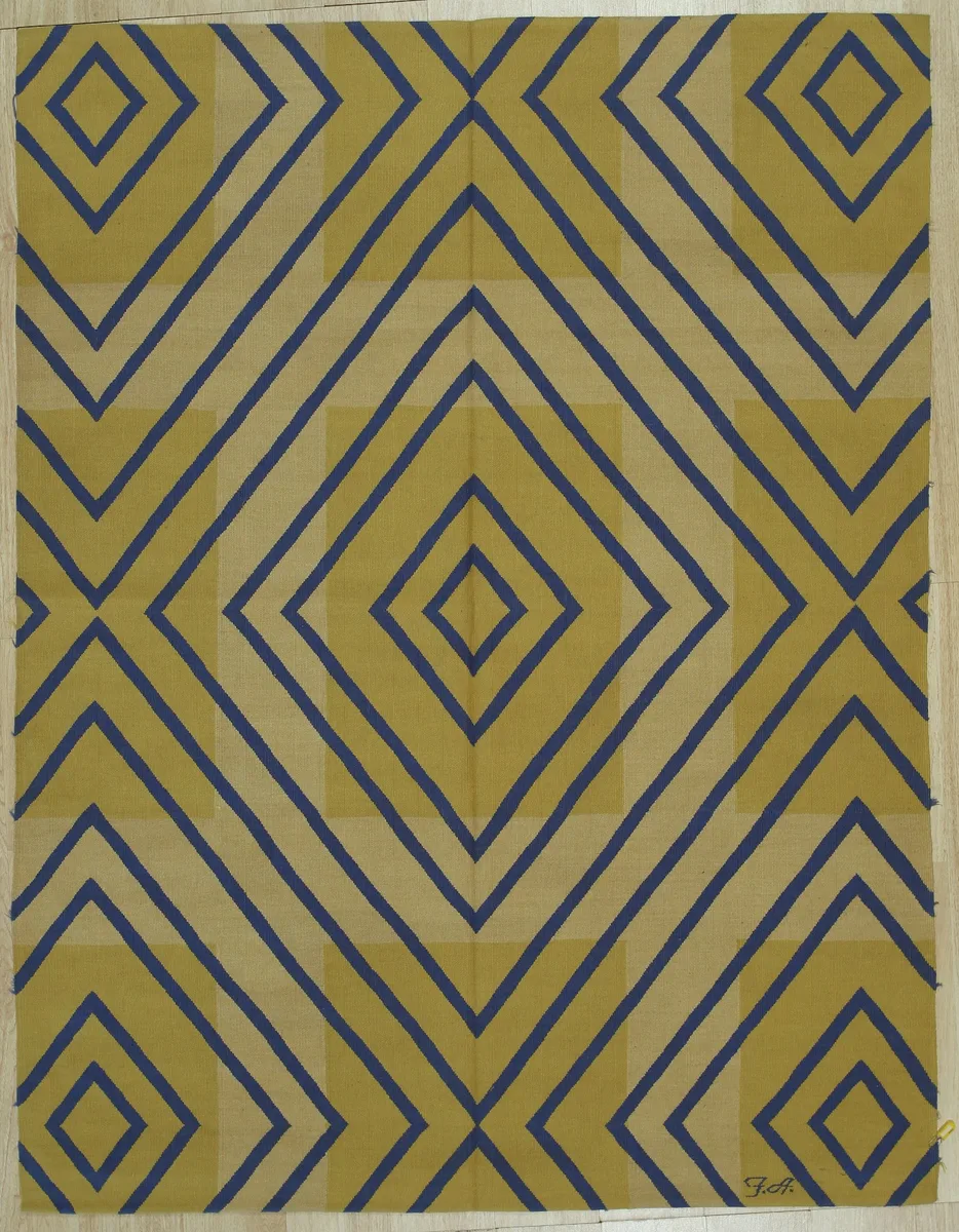 Handwoven yellow wool flat-weave rug with allover kilim pattern, 100% wool