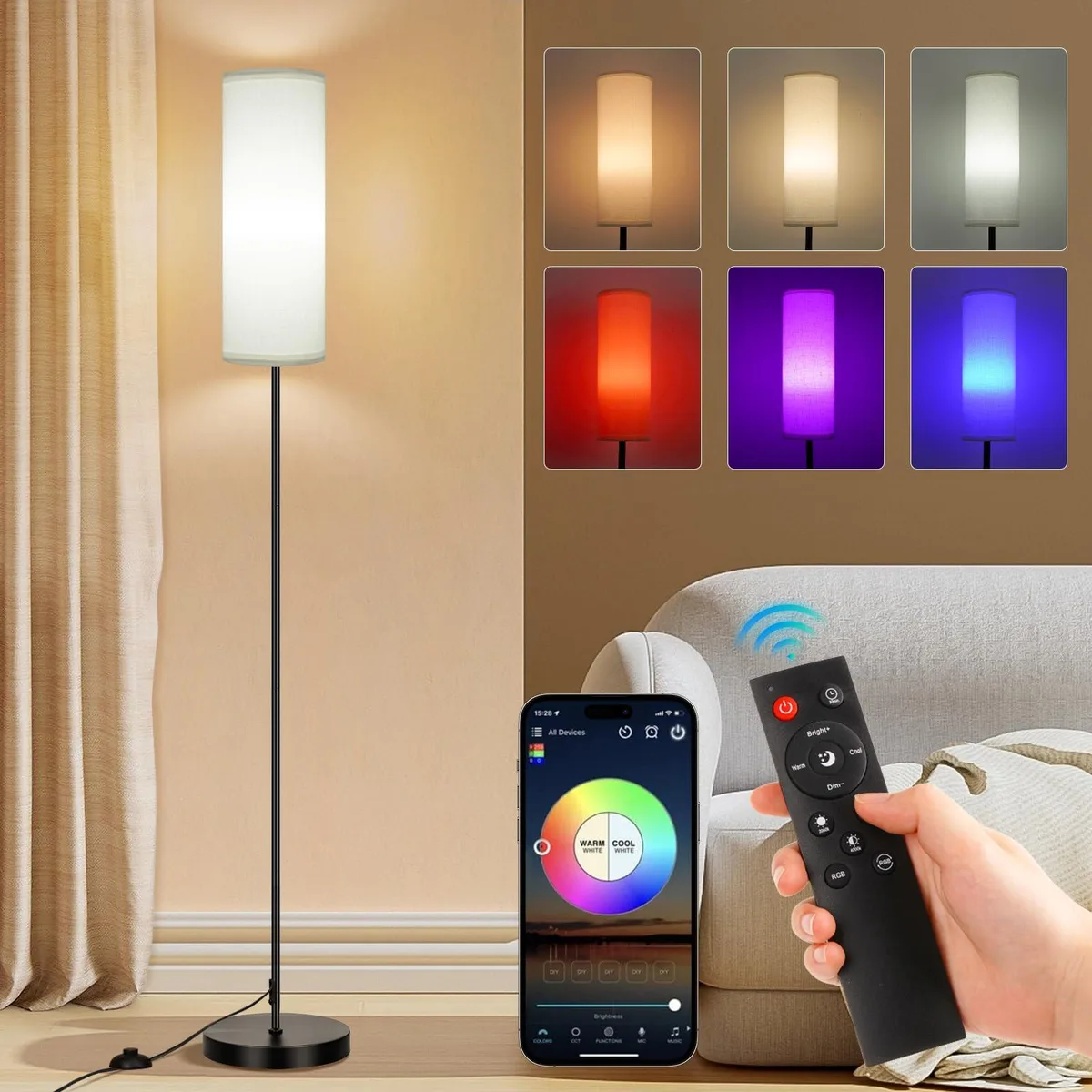Tall white floor lamp with polished brushed finish